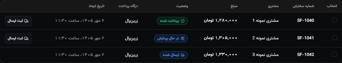 جدول واقعی سفارش‌های سلفی با سه سفارش نمونه در وضعیت پرداخت‌شده، در حال پردازش و ارسال‌شده